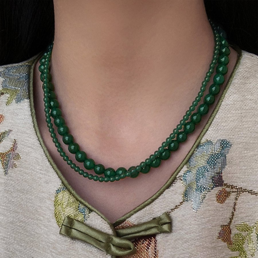 Green Agate Beaded Strand Necklace — worn on the wrist