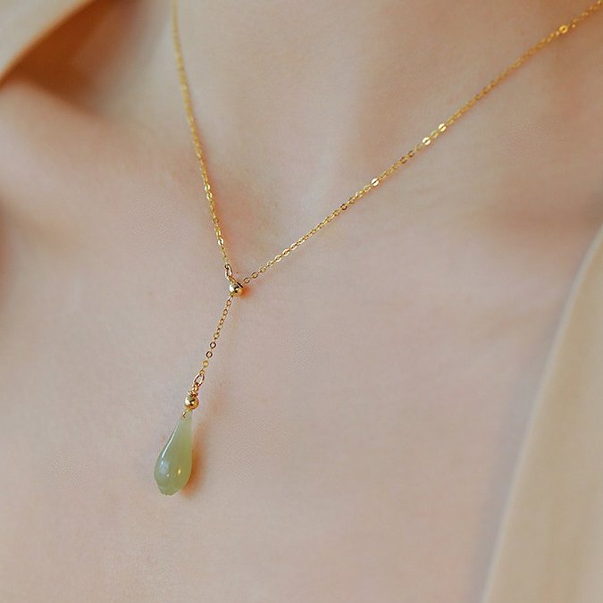 Hetian Jade Magnolia Drop Necklace — close-up bead detail