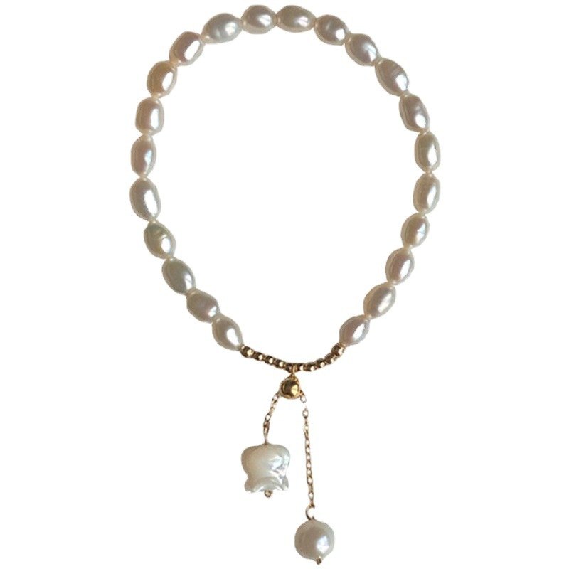 Freshwater Pearl & Lily Charm Bracelet — close-up bead detail