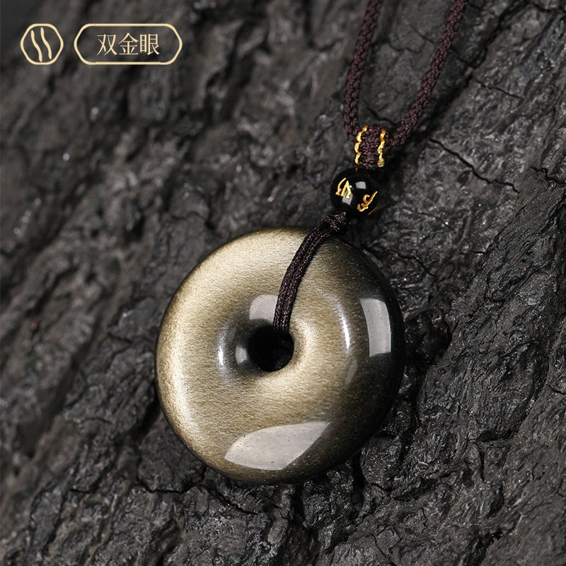 Silver Sheen Obsidian Peace Buckle Necklace — close-up bead detail