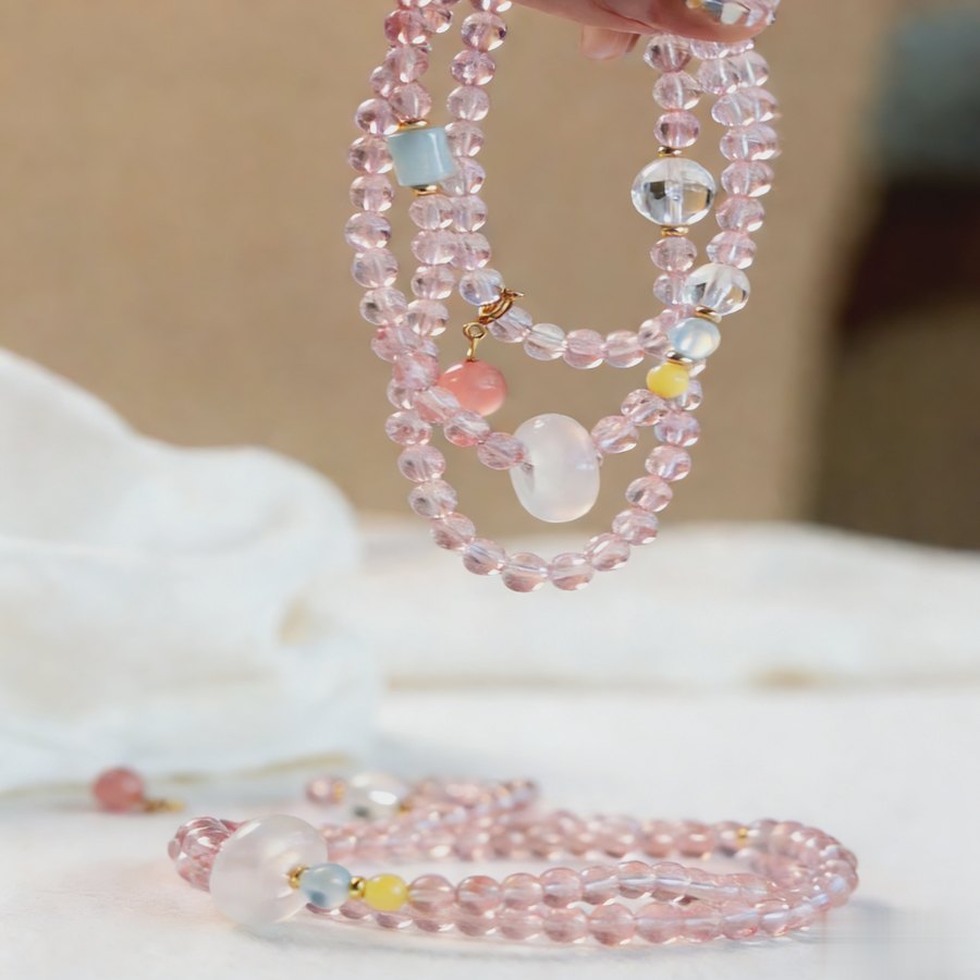 Strawberry Quartz Pixiu Wrap Bracelet — close-up bead detail