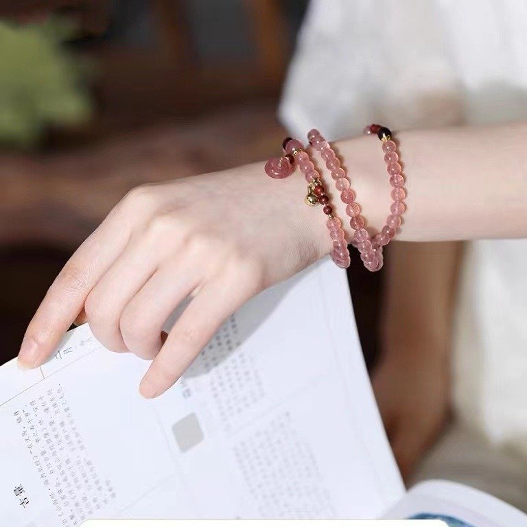 Triple-Wrap Strawberry Quartz Bracelet — alternate view